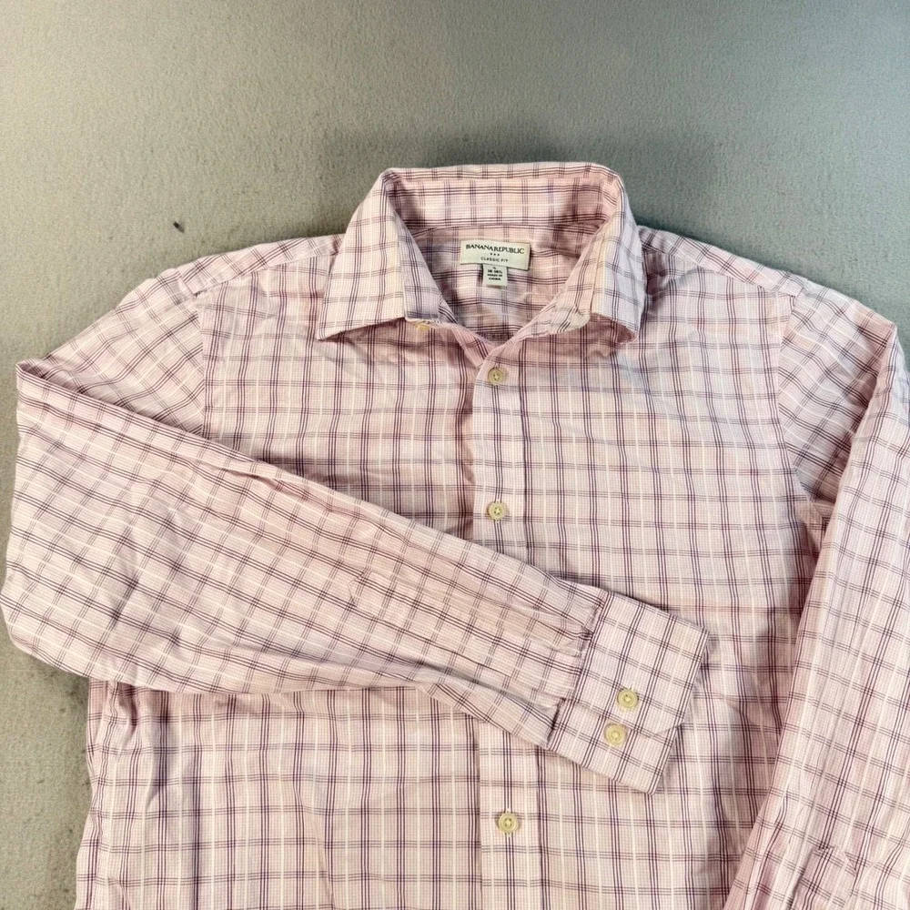 VTG Banana Republic Mens Classic Fit Plaid Button Down Shirt Pink Purple Small S